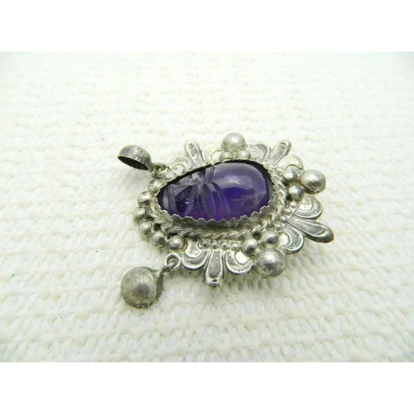 VTG MEXICAN STERLING Glass Purple Amethyst Carved Mask Dangle Pin Brooch - Picture 4 of 5